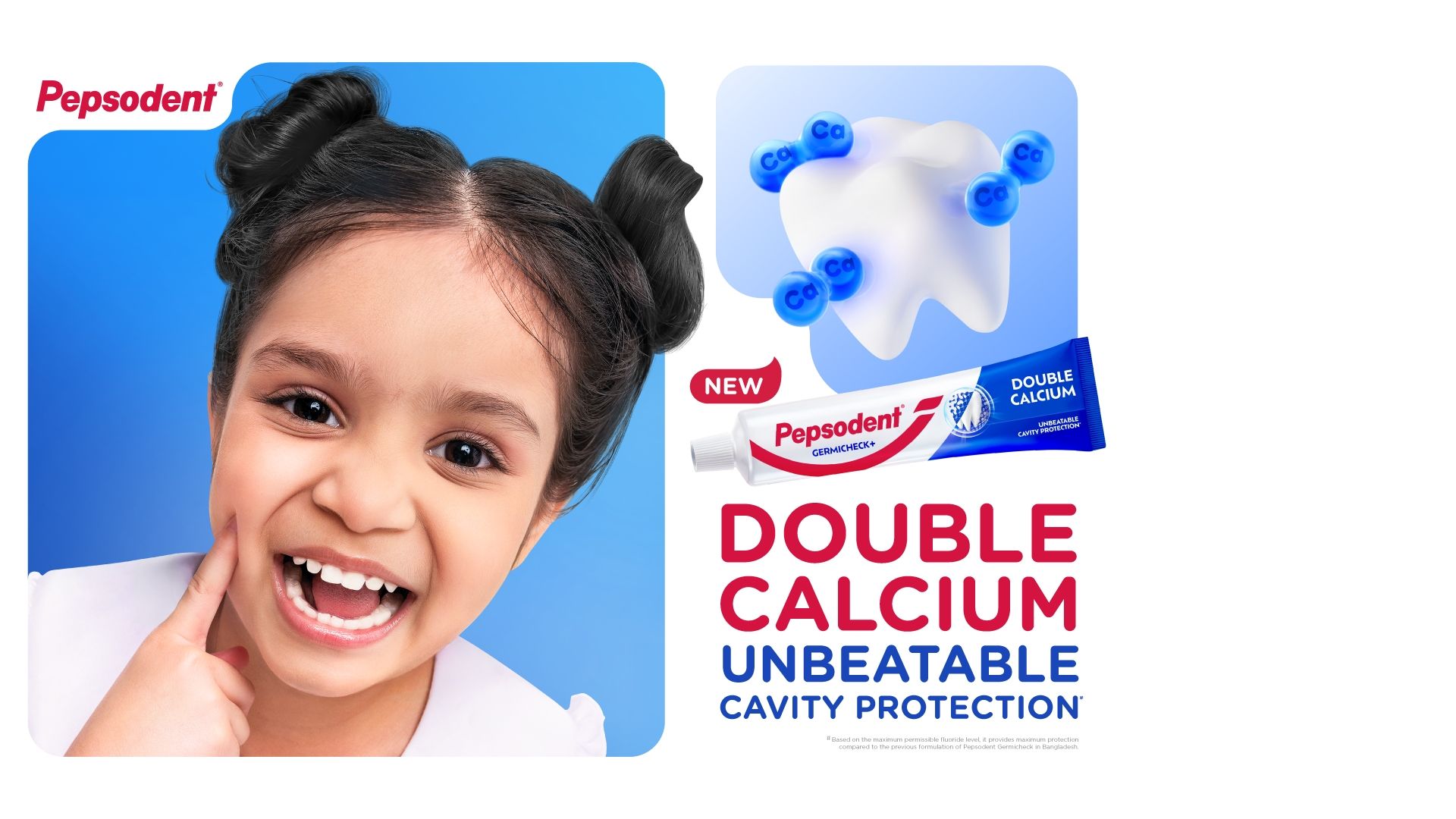 Smiling child beside Pepsodent Double Calcium toothpaste promoting cavity protection.