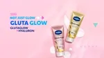 Vaseline Gluta-Hya Dewy Radiance and Flawless Glow packaging with tagline Not just glow, Glutaglow